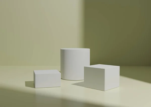 Basit Minimal Three White Podium ya da Stand Composition for Product Explay. Geometrik form 3D Renderleme Işığı, Pastel Sarı Arkaplan Pencere Işığı Sağ Taraftan.
