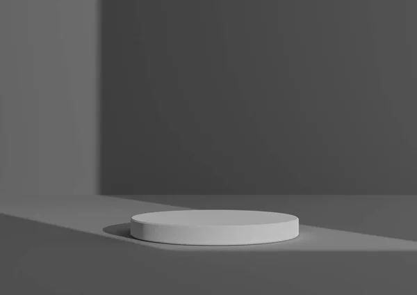 ホワイトシリンダー1個または抽象的な影の上に立つシンプルで最小限の3Dレンダリング構成製品ディスプレイウィンドウライトのための暗い灰色の背景右側から来る — ストック写真