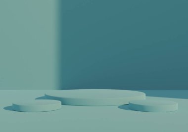 Üç podyum ya da stantlı 3 boyutlu ürün sunumu. Pencere ışığı sağ taraftan gelen basit, en az mavi renkte bir kompozisyon. Kozmetik ürünler için iyi
