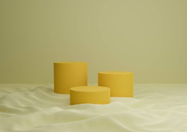 Üç Podyumun Sarı Bileşimi ya da Standart Ürün Gösterimi Tarafsız, Basit, Asgari Arkaplan 3D