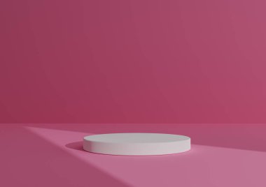 Basit, Bir Beyaz Silindir Podyumu ile Asgari 3D Hazırlama Kompozisyonu ya da Soyut Gölge Parlak Pembe Arkaplan Üzerinde Dur Ürün Üçgeni Işık Gösterme Ürünü için