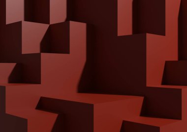 En az Koyu Kırmızı Arkaplan 3D Stüdyo Sahnesi Podyumlar ve Ürün Görünümü ve Sunumu Seviyeleri. Geometrik Yatay Mimari Duvar Kağıdı.