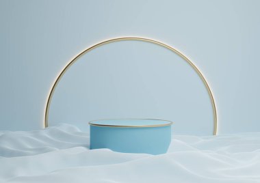 Işık, pastel, bebek mavisi 3D gösterişli ürün podyumu ya da arka planda altın kemer çizgisi ve açık renkli minimal kompozisyon