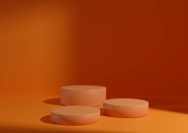 Üç parlak turuncu podyum ya da ürün sergisi için arka planda duruyor. Ürün gösterimi için minimum bileşim 3D oluşturma modeli. Pencere ışığı sağdan geliyor.