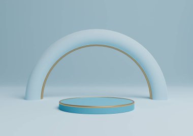 Işık, pastel, bebek mavisi 3D basit ürün görüntüleme silindir podyumu ya da altın çizgilerle asgari kompozisyon kemer geometrik ve lüks parlaklığa sahip