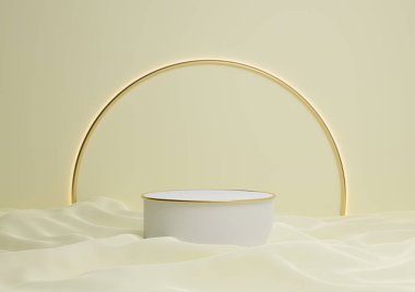 Pastel, hafif, narenciye sarısı 3D gösterişli ürün podyumu ya da arka planda ve ışıkta altın kemer çizgisi olan minimal kompozisyon