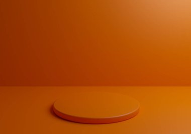 Ürün reklamcılığı ve pazarlama için tek renkli podyum. Geometrik şekilli ve yuvarlak ayaklı minimum turuncu 3D stüdyo kompozisyonu