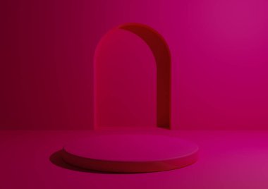 Ürün reklamcılığı ve pazarlama için tek renkli podyum. Minimum parlak, pembe, geometrik şekilli ve yuvarlak ayaklı 3D stüdyo kompozisyonu.