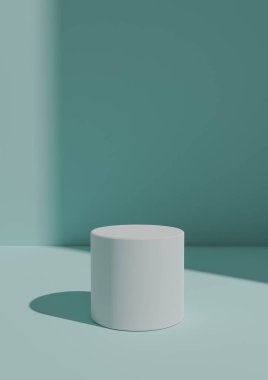 Basit, Minimal 3D Render Light, Pastel Blue Background with One Stand veya Silindir Podyumu. Sağ taraftaki Pencereden Parlak Işık Kopyalama Boşluğu