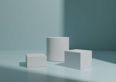 Basit Minimal Three White Podium ya da Stand Composition for Product Explay. Geometrik form 3D Renderleme Işık, Pastel Bebek Mavi Arkaplan Pencere Sağdan Işık.