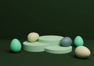 Paskalya temalı ürün podyumunun koyu yeşil, 3D görüntülenmesi veya renkli yumurtalarla ayakta durması, birden fazla ürün için basit, minimal.