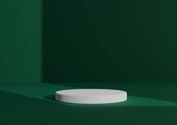Basit, Bir Beyaz Silindir Podyumu ile Asgari 3D Hazırlama Kompozisyonu ya da Sağ Taraftan Gelen Pencere Işığını Göstermek için Soyut Koyu Yeşil Arkaplanda Duruş