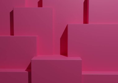 Minimal Parlak Pembe Arkaplan 3D Stüdyo Moda Sahnesi Podyumlar ve Ürün Gösterimi Seviyeleri Geometrik Yatay Mimari Duvar Kağıdı.