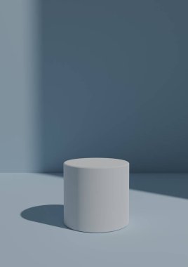 Basit, Minimal 3D Render Light, Pastel Blue Background with One Stand veya Silindir Podyumu. Sağ taraftaki Pencereden Parlak Işık Kopyalama Boşluğu