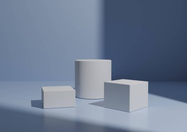 Basit Minimal Three White Podium ya da Stand Composition for Product Explay. Geometrik form 3D Renderleme Işık, Pastel Bebek Mavi Arkaplan Pencere Sağdan Işık.