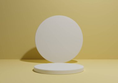 Sıcak, hafif, parlak, pastel sarısı, basit, minimal bir kompozisyonun tek silindir standı ya da ürün gösterimi için podyumu ya da geometrik şekilli reklamcılık için podyumu, metin için alanı olan boş arkaplan.