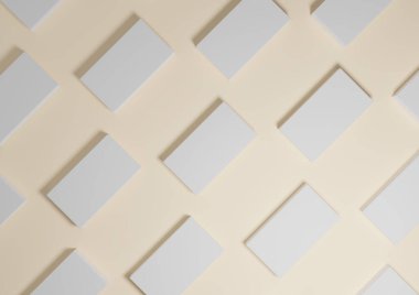 Açık bej, pastel turuncu, 3D görüntüleme minimal, basit, modern üst görünüm düz görünüm arkaplanından tekrar eden kare kalıpları olan ürün sergisi
