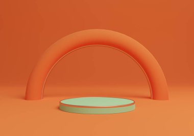 Neon turuncu, parlak kırmızı 3D basit ürün görüntüleme silindir podyumu ya da altın çizgilerle en düşük kompozisyon kemer geometrik ve lüks parlaklığa sahip