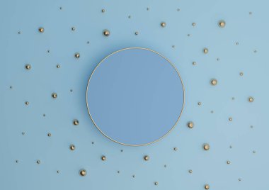 Parlak, açık mavi gökyüzü 3D sunumlu lüks ürün podyumu ya da altın ve altın misketlerle bezenmiş düz kompozisyonu görmek için minimum duruş yukarıdan basit bir arkaplan düşüşü