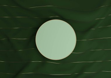 Koyu yeşil, 3D sunucu lüks ürün podyumu ya da altın iplikli tekstil üzerinde dikilip üstten düz bir görünüm oluşturur.