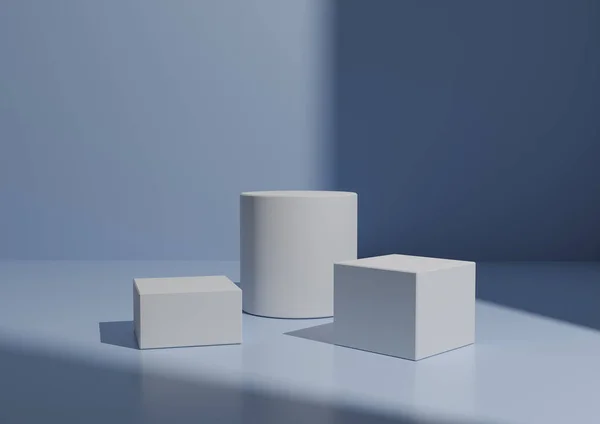 Basit Minimal Three White Podium ya da Stand Composition for Product Explay. Geometrik form 3D Renderleme Işık, Pastel Bebek Mavi Arkaplan Pencere Sağdan Işık.
