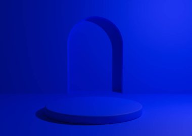 Ürün reklamcılığı ve pazarlama için tek renkli podyum. Asgari elektrik, parlak mavi 3D stüdyo kompozisyonu geometrik şekilli ve yuvarlak durmalı.