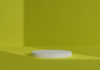 Basit, Bir Beyaz Silindir Podyumu ile Asgari 3D Hazırlama Kompozisyonu ya da Soyut Gölge Neon Sarı Arkaplan Üzerinde Dur Sağ Taraftan Gelen Pencere Işığını Göster