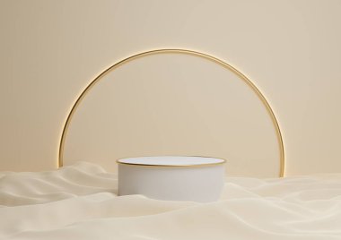 Açık bej, pastel turuncu 3D lüks ürün görüntüleme podyumu ya da arka planda altın kemer çizgisi ve açık renkli minimal kompozisyon