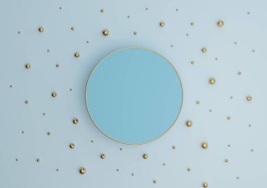 Işık, pastel, bebek mavisi 3D sunum podyumu ya da altın ve altın misketlerle bezenmiş düz kompozisyonu görmek için minimal duruş yukarıdan basit bir arkaplan