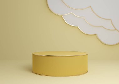 Sıcak, açık, parlak, pastel sarısı 3D ürün görüntüleme podyumu ya da soyut bulutlar ve altın çizgilerle ayakta durun. Minimum, basit kompozisyon arka plan silindiri.
