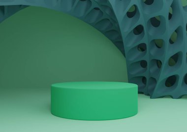 Silindir standı veya podyum ve fütüristik soyut geometrik şekiller modern arkaplan kompozisyonu minimal şablonu ile parlak turkuaz yeşil üç boyutlu ürün görüntüleme