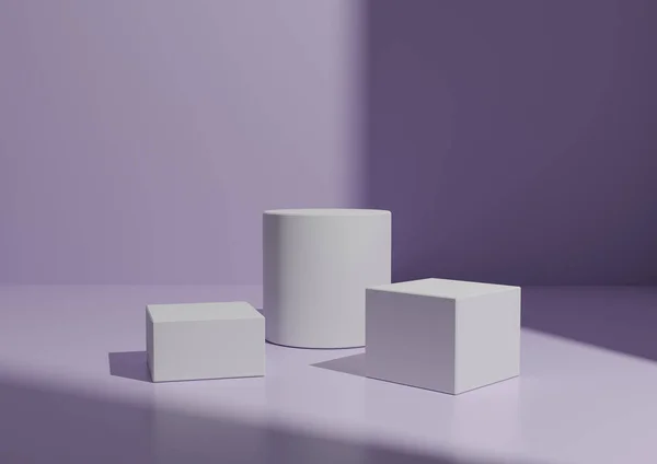 製品表示用のシンプルな最小3つのホワイト ポディウムまたはスタンド構成 幾何学形3Dレンダリングライト 右側からウィンドウライトとパステルパープルの背景 — ストック写真