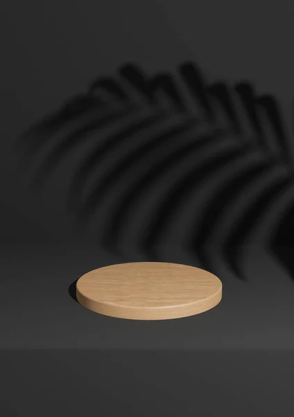 ブラック ダークグレー ブラック ホワイトの3次元レンダリングシンプルで最小限の木製製品の表彰台の背景には シリンダースタンド上の自然の製品のヤシの葉の影 — ストック写真