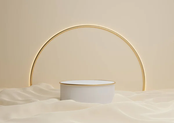 Açık bej, pastel turuncu 3D lüks ürün görüntüleme podyumu ya da arka planda altın kemer çizgisi ve açık renkli minimal kompozisyon