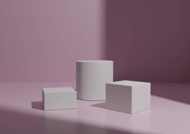 Basit Minimal Three White Podium ya da Stand Composition for Product Explay. Geometrik form 3D Renderleme Işığı, Pastel Pembe Arkaplan Pencere Işığı Sağ Taraftan.