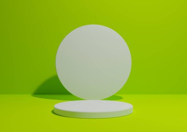 Parlak, kireç, neon yeşil, basit ve minimal bir kompozisyonun 3 boyutlu görüntüsü, tek silindir standı veya ürün görüntüleme veya geometrik şekilli reklamlar için podyumu, metin için alanı olan boş arkaplan.