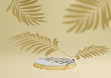 Sıcak, açık, parlak, pastel sarısı, basit, minimal ürün kompozisyon arkaplanının 3 boyutlu görüntüsü ont podyumu ya da arka planda doğa ürünleri için yaprak gölgeleri.