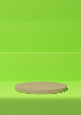 Parlak, neon yeşil 3D basit ürün görüntüleme, podyum ahşap silindirli minimum arkaplan doğa ürünleri için basamaklarda duruyor