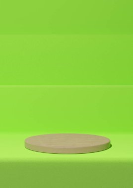 Parlak, neon yeşil 3D basit ürün görüntüleme, podyum ahşap silindirli minimum arkaplan doğa ürünleri için basamaklarda duruyor