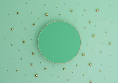 Parlak turkuaz yeşil 3D sunucu podyumu ya da altın ve altın misketlerle bezenmiş düz kompozisyonu görmek için minimal duruş yukarıdan basit bir arkaplan