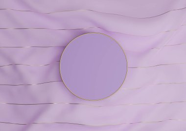 Hafif, pastel, lavanta rengi mor 3D ürün görüntüleme podyumu ya da altın iplikli tekstil üzerinde düz üst görünüm düz
