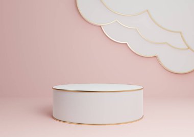Pastel, açık kırmızı, somon pembesi 3D ürün görüntüleme podyumu ya da soyut bulutlar ve altın çizgiler ile ayakta dur lüks, minimal, basit kompozisyon arka plan silindir platformu