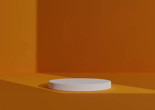 ホワイトシリンダー1個または抽象的な影の上に立つシンプルで最小限の3Dレンダーコンポジション製品ディスプレイウィンドウライトのネオンオレンジの背景右側から来る — ストック写真
