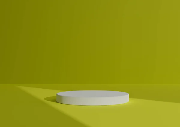1本のホワイトシリンダー ポディウムまたは抽象的な影の上に立つ シンプルで最小限の3Dレンダリング構成製品表示のためのネオンイエローの背景製品を指す三角形の光 — ストック写真