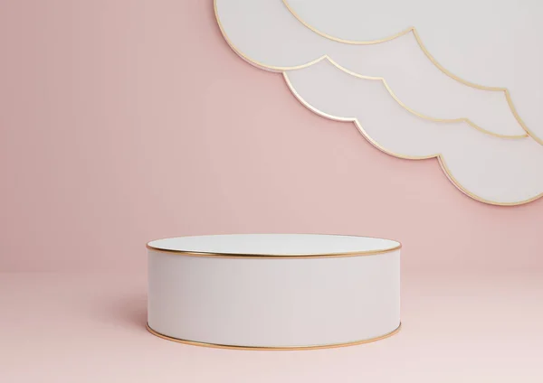 Pastel, light red, salmon pink 3D rendering product display podium or stand with abstract clouds and golden lines luxurious minimal, simple composition background cylinder platform
