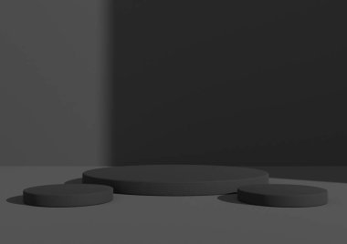 Üç podyum ya da stantlı 3 boyutlu ürün sunumu. Pencere ışığı sağ taraftan gelen basit, en az koyu gri kompozisyon. Kozmetik ürünler için iyi