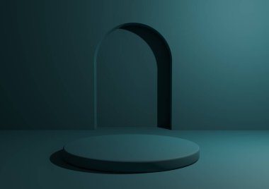 Ürün reklamcılığı ve pazarlama için tek renkli podyum. Geometrik şekilli ve yuvarlak ayaklı en az üç boyutlu stüdyo kompozisyonu
