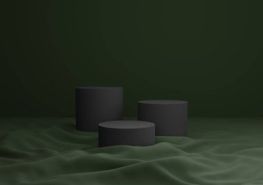 Üç Podyumun Koyu Yeşil Kompozisyonu veya Standart Ürün Gösterimi Tarafsız, Basit, Asgari Arkaplan 3D