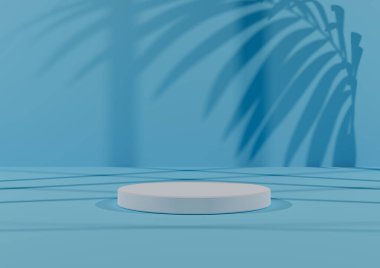 Basit, Bir Beyaz Silindir Podyumu ile Asgari 3D Hazırlama Kompozisyonu ya da Soyut Gölge Aydınlık Mavi Görünüm Arkaplanı.