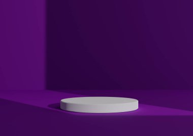 Basit, Bir Beyaz Silindir Podyumu ile Asgari 3D Hazırlama Kompozisyonu ya da Sağ Taraftan Gelen Pencere Işığını Göstermek için Soyut Parlak Mor Arkaplanda Duruş